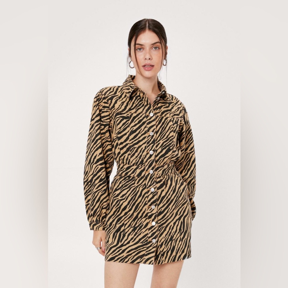 Zebra Print Balloon Sleeve Denim Mini Dress | Nasty Gal